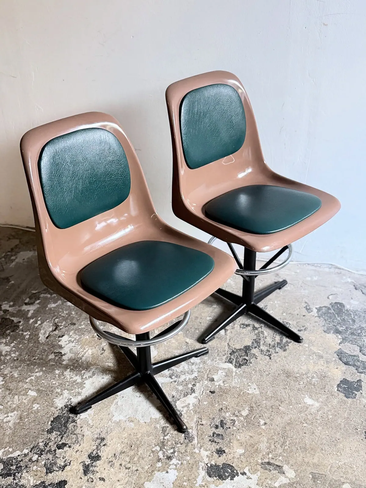 Drabert swivel chairs, green vinyl, pair