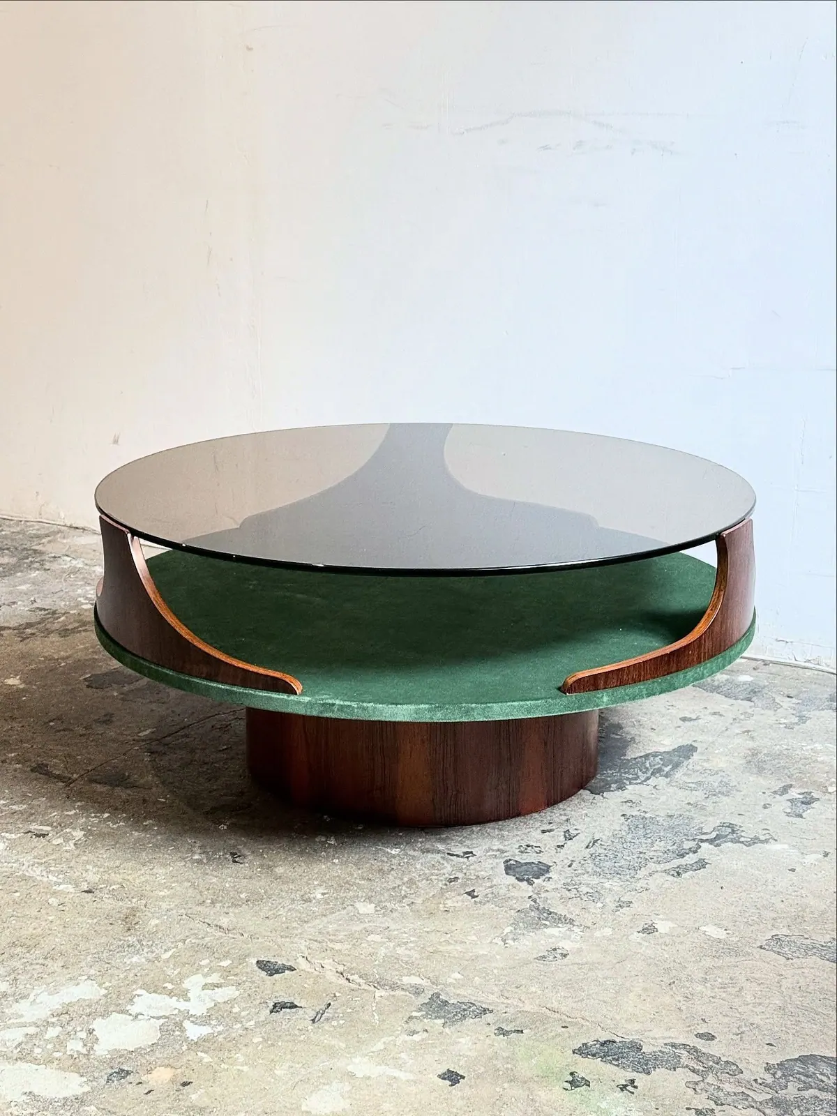 Space Age coffee table with green velvet shelf