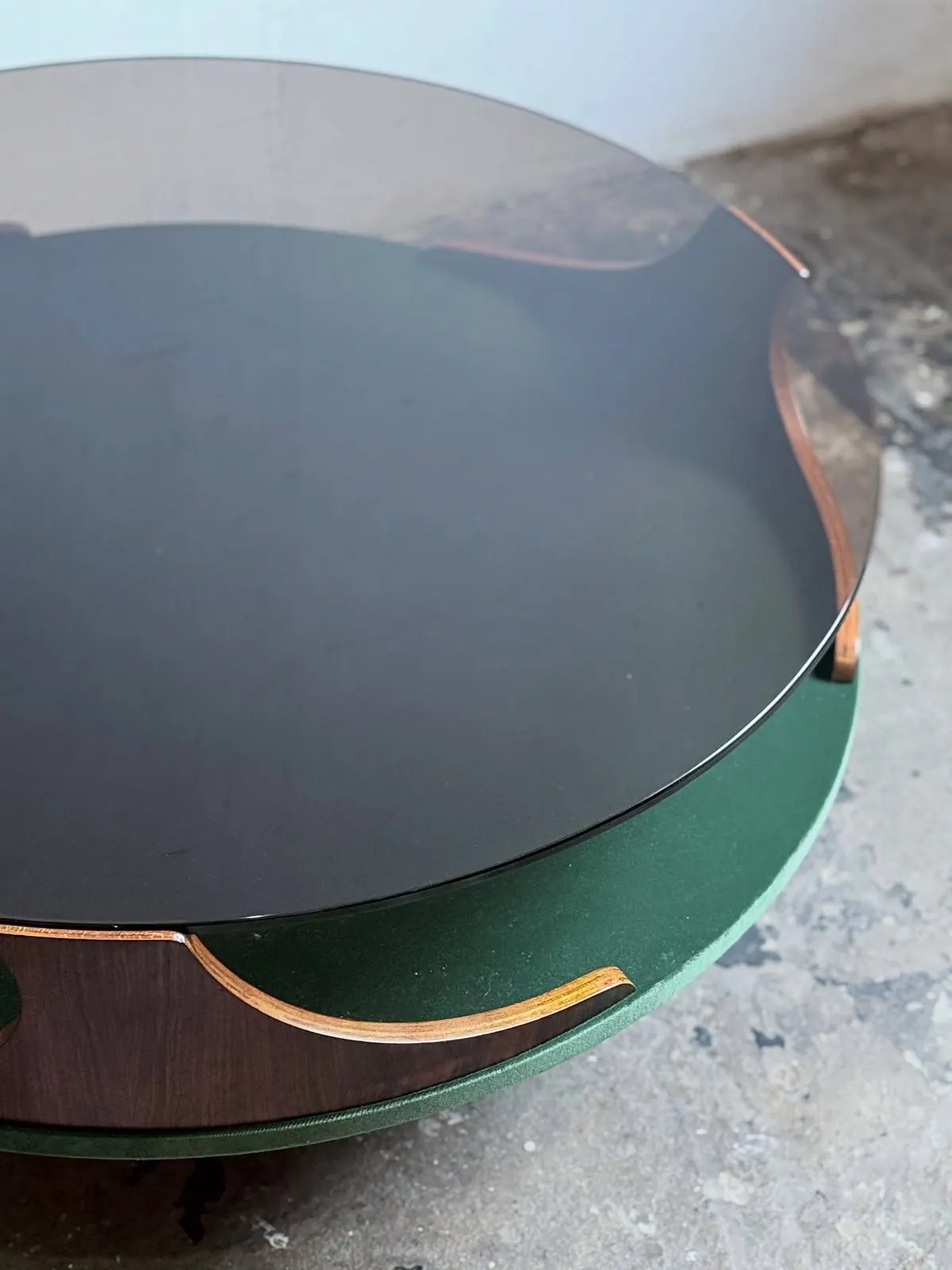 Space Age coffee table with green velvet shelf — 4