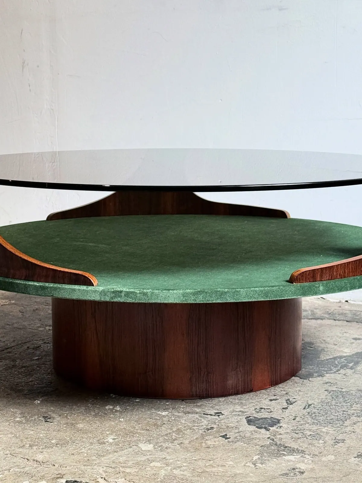 Space Age coffee table with green velvet shelf — 5