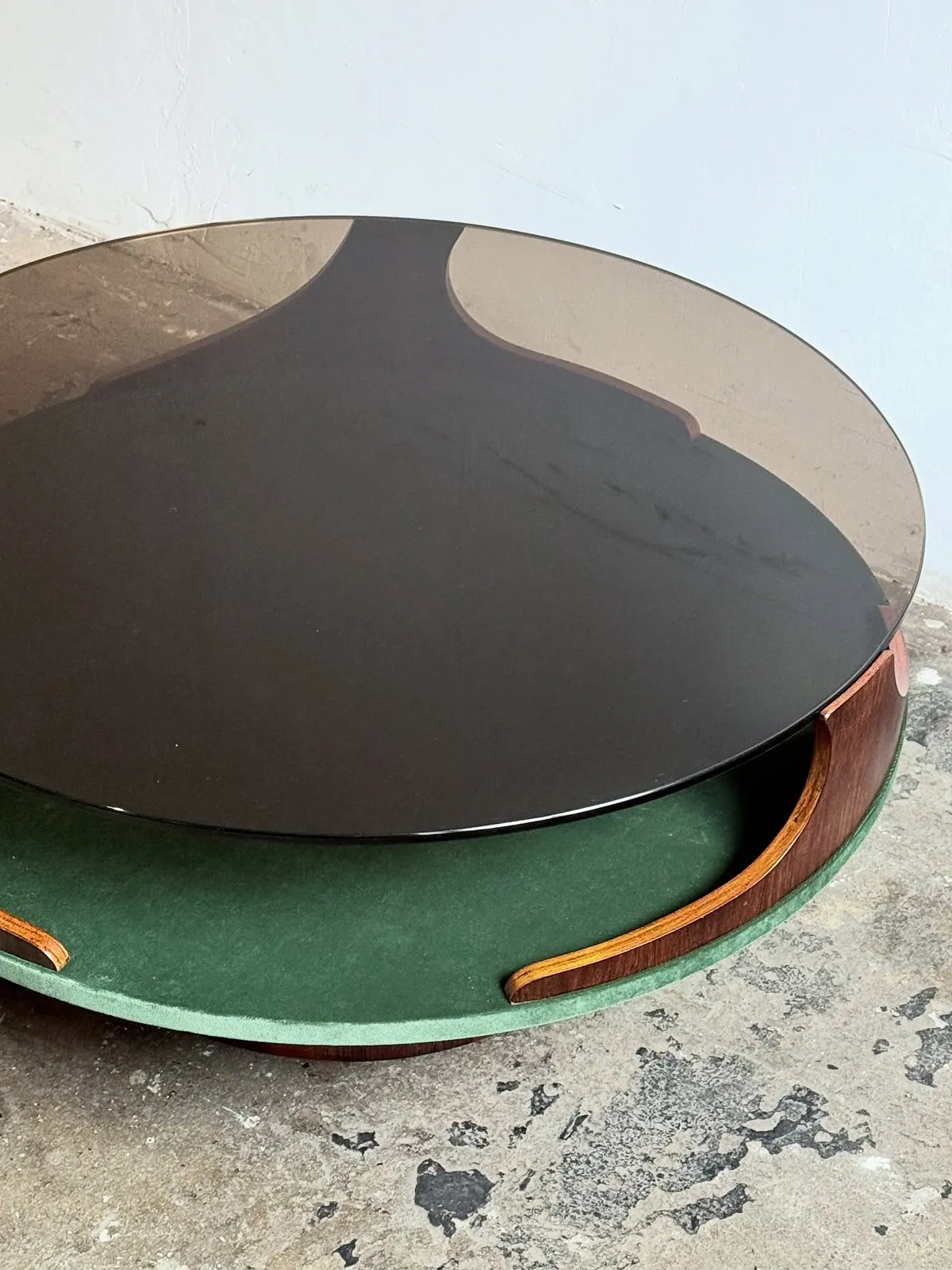 Space Age coffee table with green velvet shelf — 6