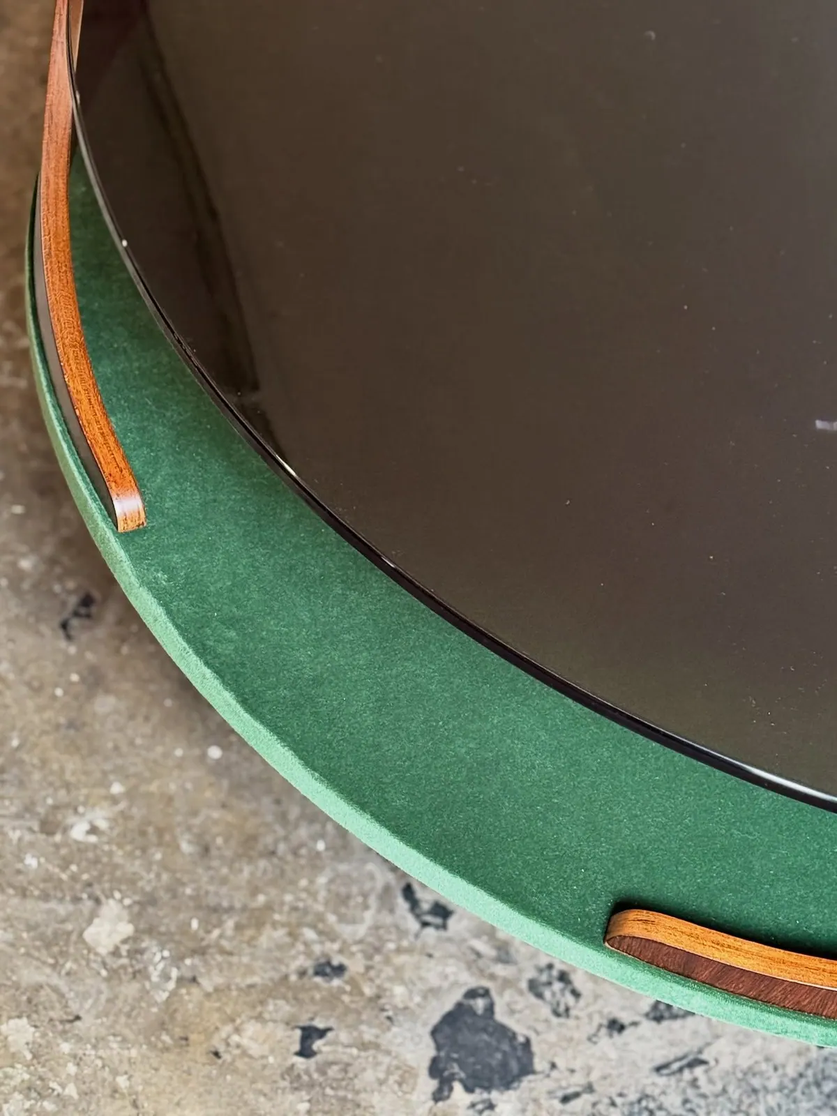 Space Age coffee table with green velvet shelf — 7