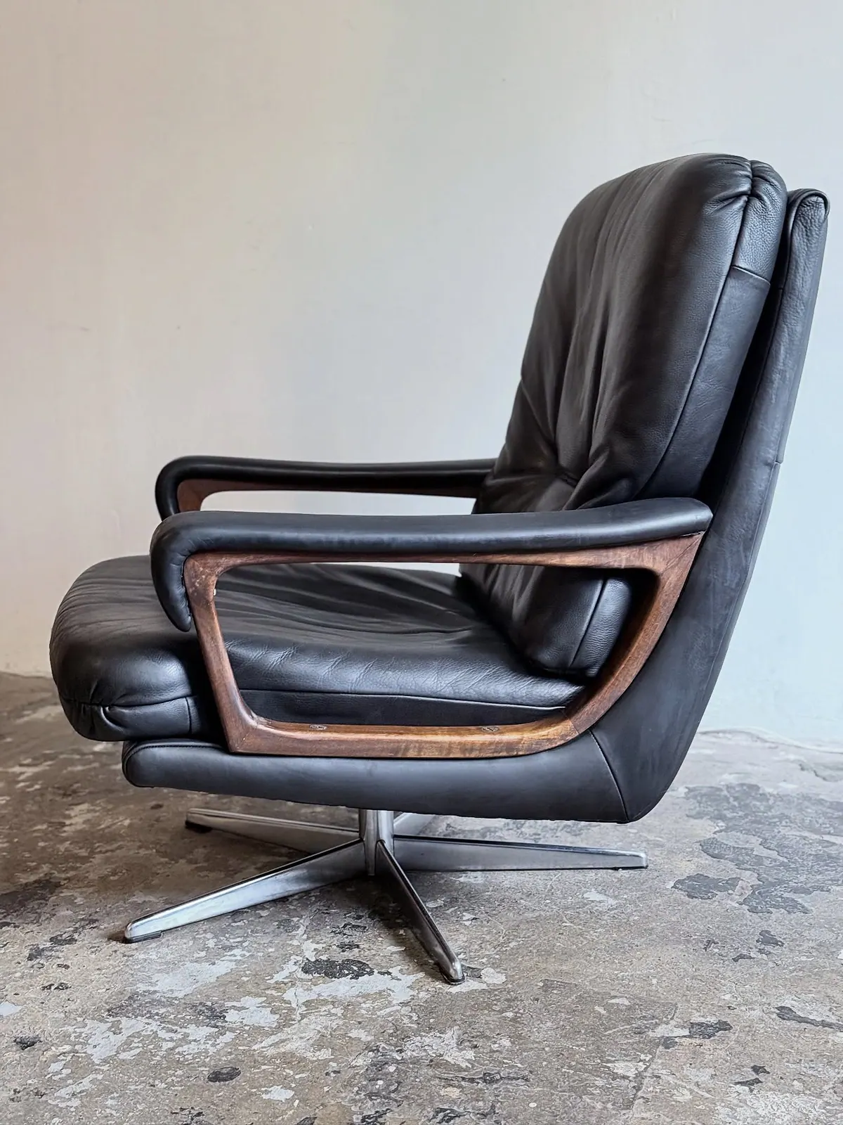 Strässle swivel armchair, black leather and walnut — 5